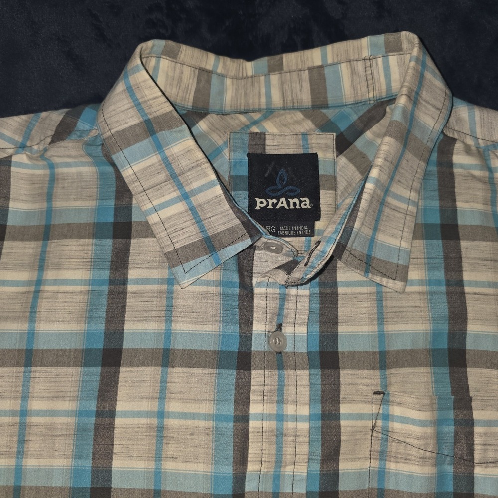 Prana Mens Blue Plaid Short Sleeve Lightweight Outdoor Button Down Shirt Size XL